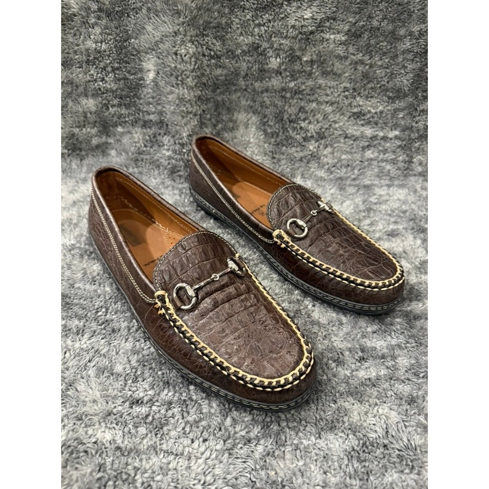 TB Phelps Mens 10.5 W Brown Crocodile Embossed Leather Bit Loafers Driving Mocs